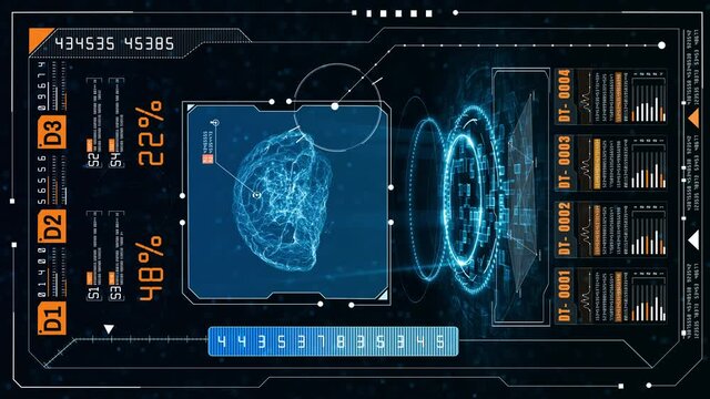 Artificial intelligence concept. Brain over circuit board. HUD and Future technology digital vertical background