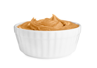 Delicious peanut butter in bowl isolated on white