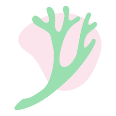 Obraz premium Curved graceful twig of lichen, deer moss with a pink abstract spot on a white background