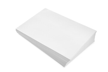 Stack of blank paper sheets isolated on white, above view. Space for text