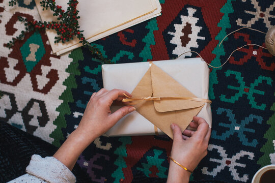 Woman wraping christmas presents