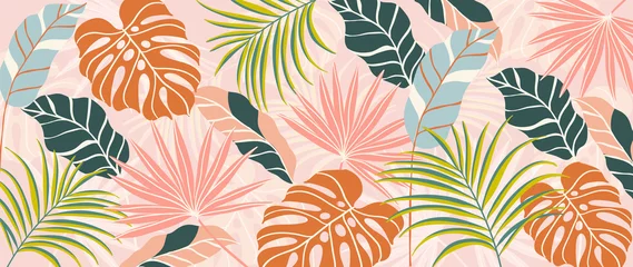 Fotobehang Abstract art nature background vector. Modern shape line art wallpaper. Boho foliage botanical tropical leaves and floral pattern design for summer sale banner , wall art, prints and fabrics. © TWINS DESIGN STUDIO