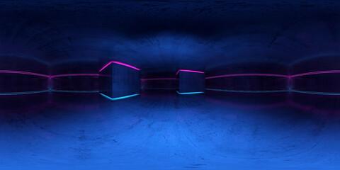 360 degree panorama. Dark interior with neon lights