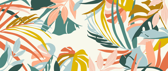 Abstract art nature background vector. Modern shape line art wallpaper. Boho foliage botanical tropical leaves and floral pattern design for summer sale banner , wall art, prints and fabrics.
