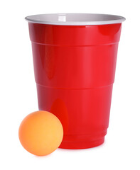 Plastic cup and ball for beer pong on white background