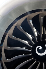 Turbine blades of an aircraft jet engine. Close up Turbines Engine. Aviation Technologies. Aircraft...