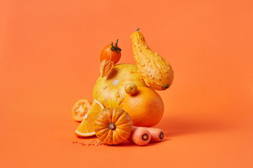 Balancing set from orange vegetables and fruits.