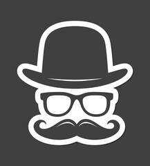 Vector black sticker symbol gentleman. Hat, glasses, mustache. Isolated on black background.