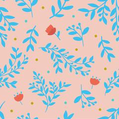 Seamless ethnic floral pattern. Blue herbs on beige background