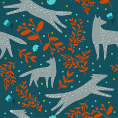 Ethnic wolf seamless pattern in vintage style on emerald background. Country fabric print texture. Hand drawn forest vector. 