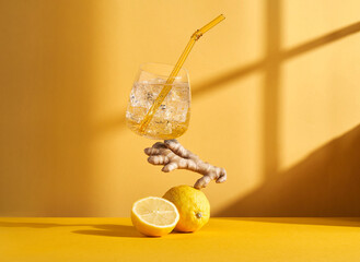 Infusion water in glass with lemon and ginger on table