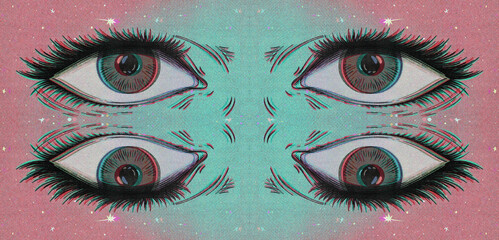 Four Eyes Pattern On Holographic Background With Stars