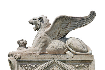 big old beautiful white stone marble statuary of big griffin or lion with wings in geneva isolated...