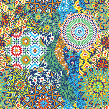 Traditional Arabian arabesque tiles patchwork wallpaper abstract vector seamless pattern