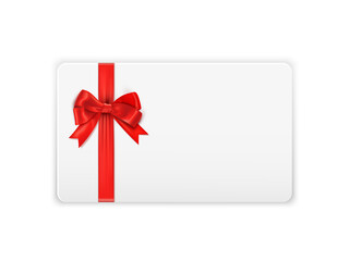 Realistic gift card template decorated with a red ribbon
