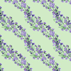 Floral watercolor pattern.Campanula flowers isolated on green background.For wrappers,wallpapers,postcards,greating cards,wedding invitation.