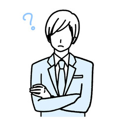 疑問符を浮かべているスーツ姿のビジネスマン