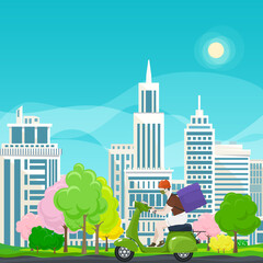Young guy in protective face mask with box for food delivery rides a green scooter on a spring background of colorful trees and cities,online delivery service and stay home concept,vector