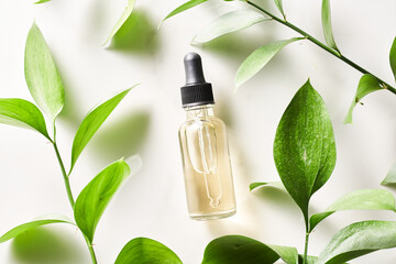 Green leaves around bottle of essential oil