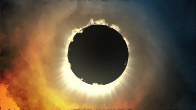 Amazing scientific background - total solar eclipse in dark red and dark blue glowing sky, supernatural phenomenon, the moon passes between the planet Earth and the Sun