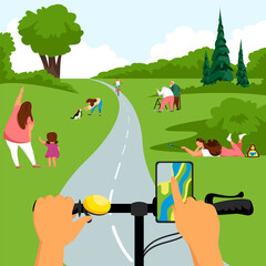 Obraz premium people in nature. bike ride in the park. vector landscape