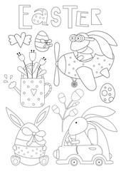 Coloring page for kids. Easter bunny and Easter egg. Vector illustration. Funny coloring book for kids. Worksheet for education.