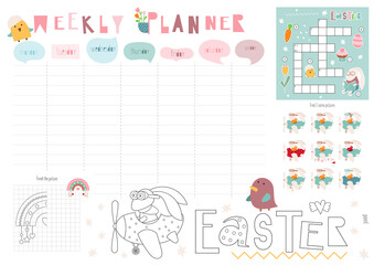 Fototapeta na wymiar Easter weekly planner with cute Easter bunny in cartoon style. Kids schedule design template. Included mini games - maze, coloring page, find same pictures. Vector illustration.