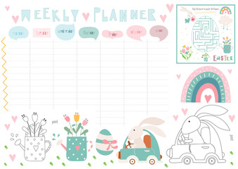 Easter weekly planner with cute Easter bunny in cartoon style. Kids schedule design template. Included mini games - maze, coloring page, rainbow. Vector illustration.