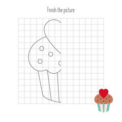 Finish the picture sweet cupcake. Logic games for kids. Coloring page. Vector illustration. Worksheet for education.