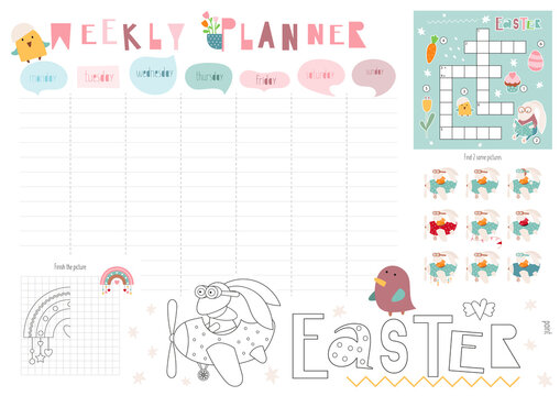 Easter weekly planner with cute Easter bunny in cartoon style. Kids schedule design template. Included mini games - maze, coloring page,  find same pictures. Vector illustration.