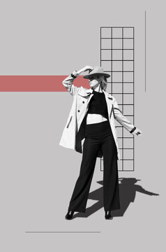 Poster with young attractive woman in constructivism style