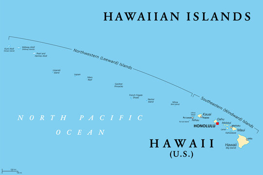 Hawaiian Islands, political map. U.S. state of Hawaii with capital Honolulu and the unincorporated territory Midway Island. Archipelago in North Pacific Ocean. Sandwich Islands. Illustration. Vector.