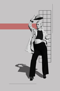 Poster with young attractive woman in constructivism style