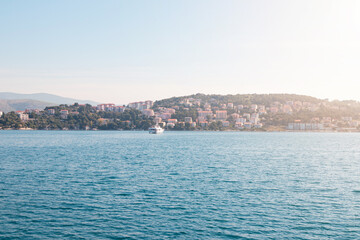 Beautiful View at town Okrug Gornji from boat in the Adrian sea at sunny summer morning