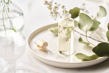 Bottle and pipette of essential oil near plant on plate