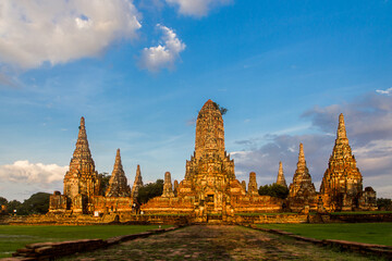Ayutthaya temple during the sunset, empty with no people around and with blue sky