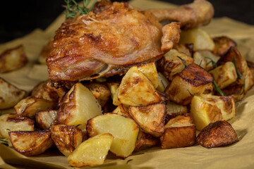 Pollo arrosto e patatine serviti pronti per essere mangiati