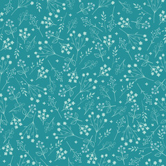 Seamless pattern of spring flowers. Vector illustration. Blue outline on turquoise background