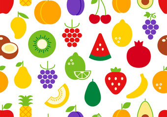 Vector seamless pattern, endless texture with fruits. Set of isolated flat color icons. Healthy food and vitamins