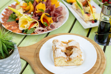 close up of fresh tasty brunch, on bright wooden background