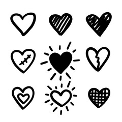 Doodle hearts. Love hand drawn cute line heart set. Vector shapes.