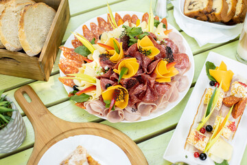 close up of fresh tasty brunch, on bright wooden background