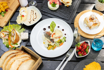 details of tasty brunch with chicken, tomato and desert