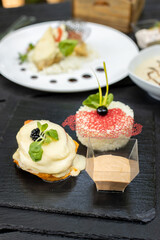 details of tasty brunch with chicken, tomato and desert