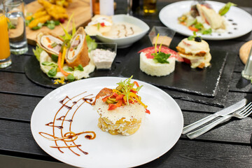 details of tasty brunch with differente plates