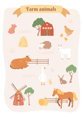 Obraz na płótnie Canvas Domestic characters walk in the paddock on field. Wooden barn, fence, windmill, trees, grass and textures. Poster with animals set for kids, agriculture design. Ribbon with title. Abstract farm map
