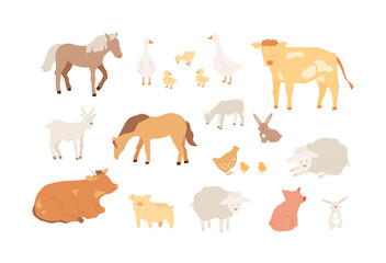 Farm animals set. Domestic characters collection isolated on white background. Horse, cow, sheep, goat, pig, chicken, goose and rabbit. Vector illustration. Template for kids, agriculture design