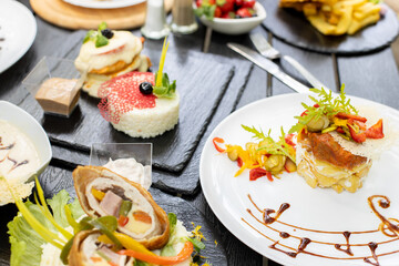 details of tasty brunch with differente plates