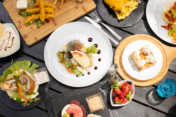 details of tasty brunch with chicken, tomato and desert