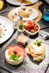 details of tasty brunch with chicken, tomato and desert